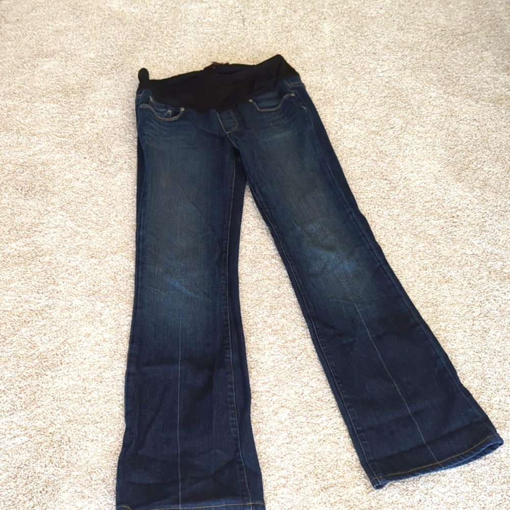 PAIGE Dark Blue Flare Maternity Jeans with Black Panel